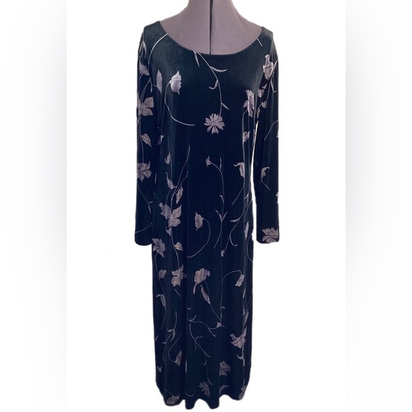 Vtg Y2K Velvet Midi Dress Size L Whimsigoth Dark Romantic Black Floral Modest - Picture 1 of 11